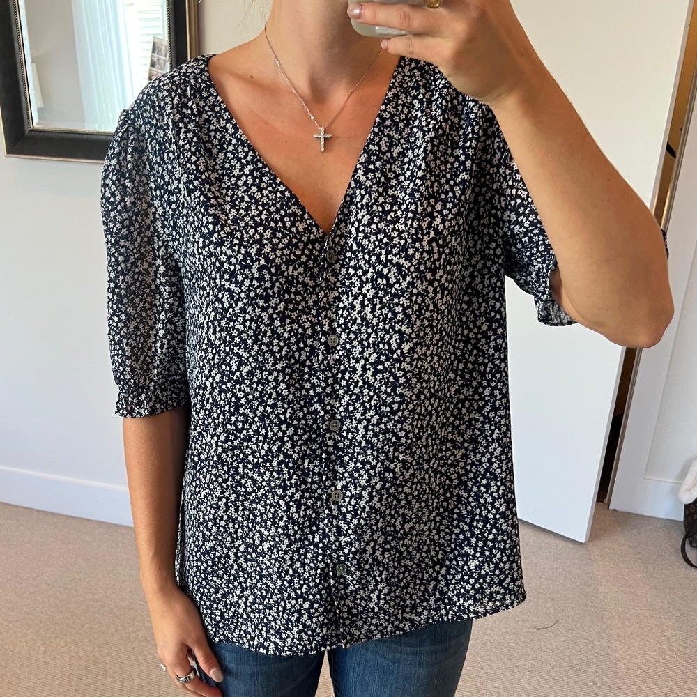 J Crew Factory V-Neck Puff Sleeve Blouse in Antique Navy
